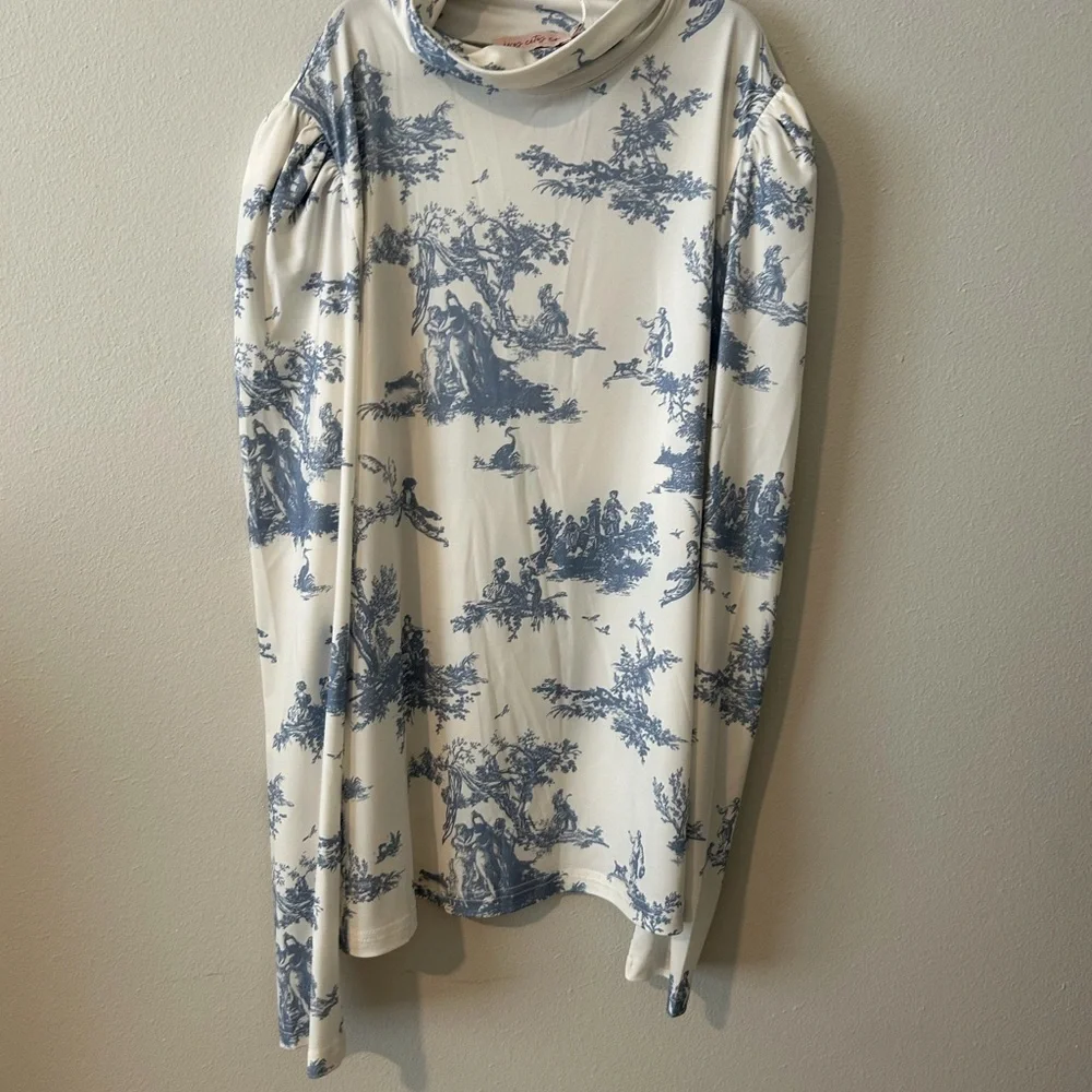 Ivy City Chinoserie Blue White Mock Neck Blouse - Picture 1 of 4